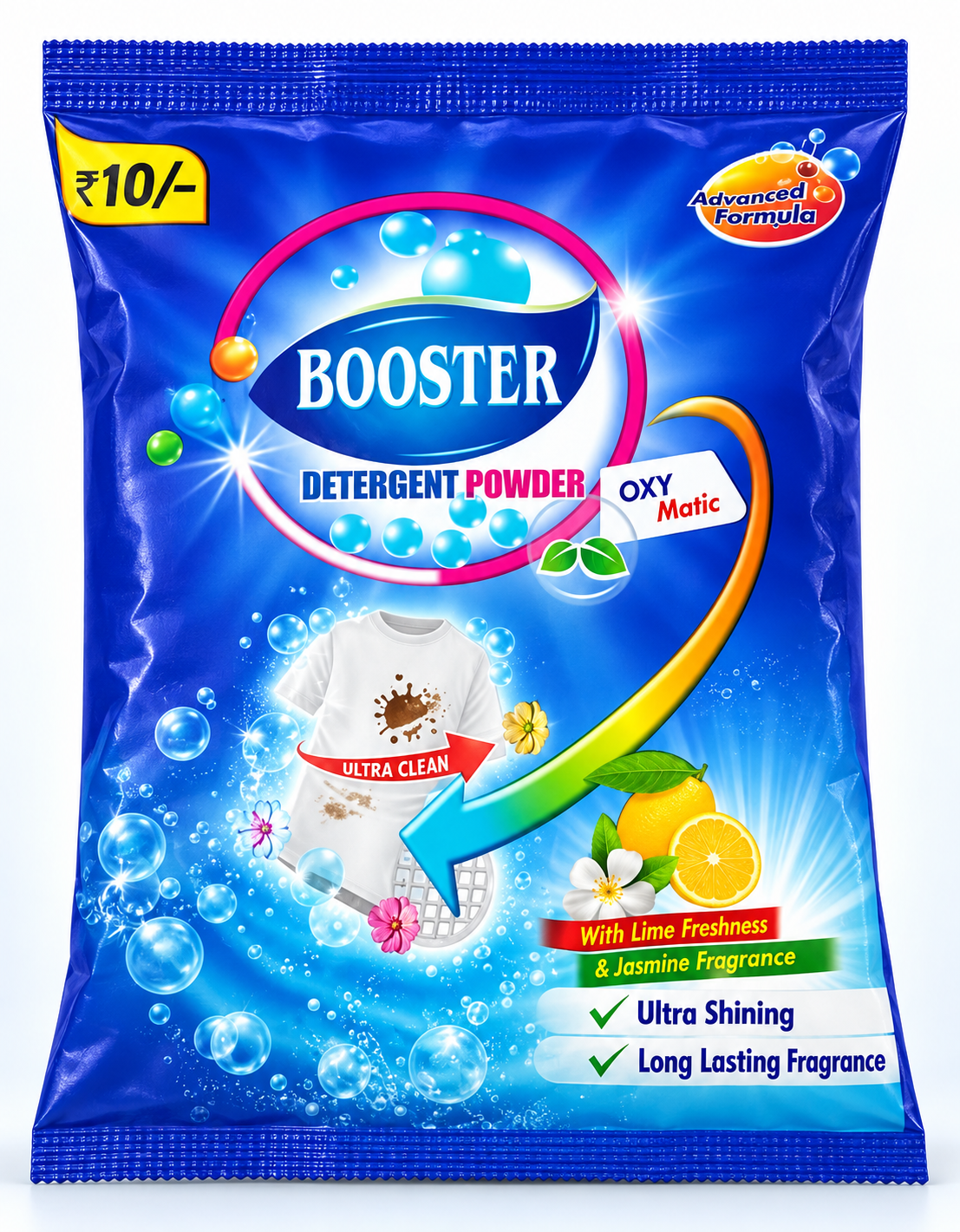 Recreated front view of the blue Booster detergent packet with a ₹10 label